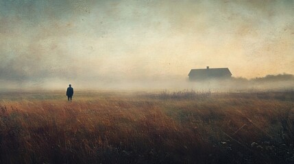 A man is walking in a field with a foggy sky in the background
