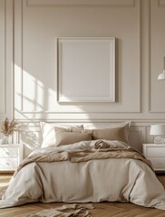 A bed with a white frame and a white bedspread