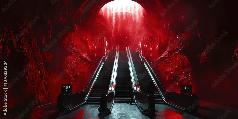 Poster a red tunnel with a staircase leading down