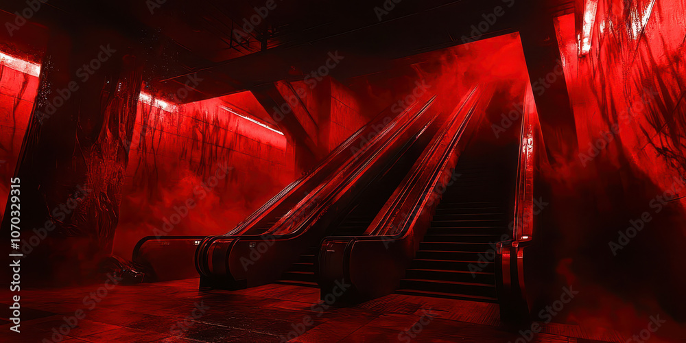 Poster a red subway station with escalators and stairs