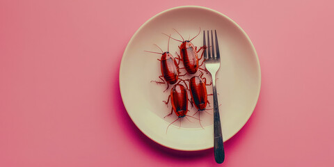 Four red bugs on a white plate with a fork