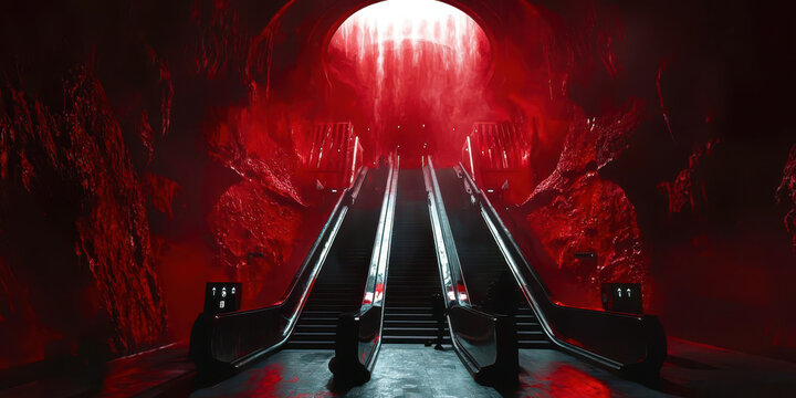 A red tunnel with a staircase leading down - Powered by Adobe