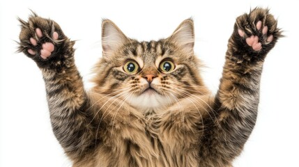 Obraz premium Playful cat enthusiastically raises its paws in adorable greeting and expression of joy