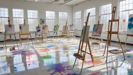 A vibrant art studio filled with colorful canvases, scattered paint splatters, and the promise of creative expression