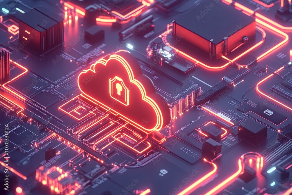 Poster digital cloud storage concept with illuminated circuitry and a padlock symbolizing data security tec