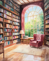 Fototapeta premium A cozy watercolor bookstore filled with colorful shelves and a sunny window view. Generative AI