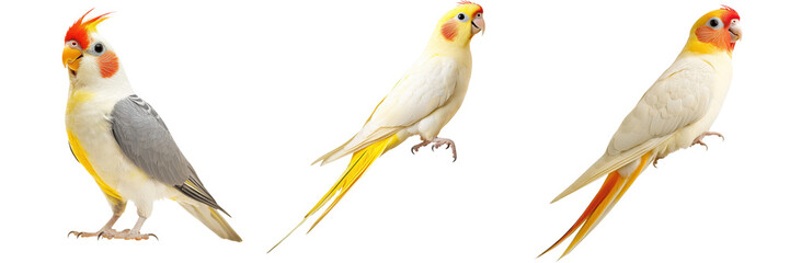 Fototapeta premium Closeup of Three Colorful Cockatiels a Type of Small Parrot Perching on a Wooden Branch in a Lush Tropical Inspired Environment The Birds Display Their Bright