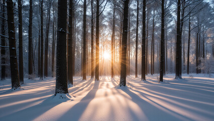 Naklejka premium Light streams through snowy pines in serene winter forest.