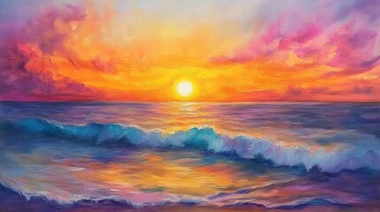 A vibrant sunset over the ocean, sky painted with shades of orange, pink, and purple