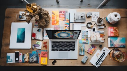 A bustling creative workspace filled with gadgets, inspirations, and a laptop suggests productivity and imaginative exploration.