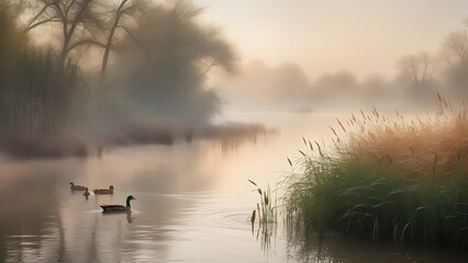 Naklejka premium A misty lake, bathed in the soft morning light, where a flock of ducks glides peacefully through the water, surrounded by golden reeds swaying in the gentle breeze