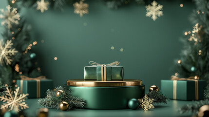 Elegant product podium with gifts, Christmas tree, luxurious holiday background. Generative AI