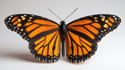 Obraz premium Monarch Butterfly with Spread Wings Against Light Background, Detailed Nature Photography