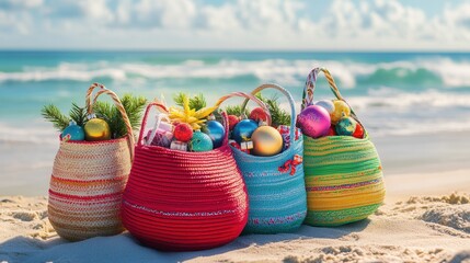 Colorful Christmas beach bags filled with festive gifts and ornaments at the shore