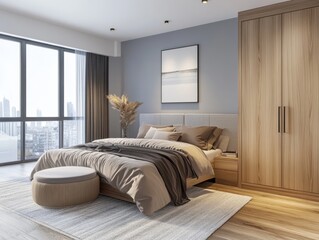 A bedroom with a wooden bed frame and a white pillow