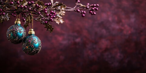 A festive arrangement featuring decorative ornaments hanging from branches, set against a rich, blurred backdrop.