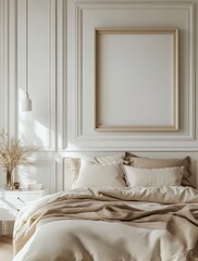 A bed with a white frame and a white bedspread