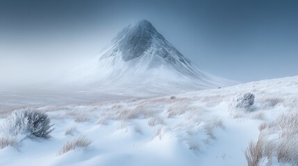 A snow-covered mountain peak rises above a field of frosted grass under a hazy sky.