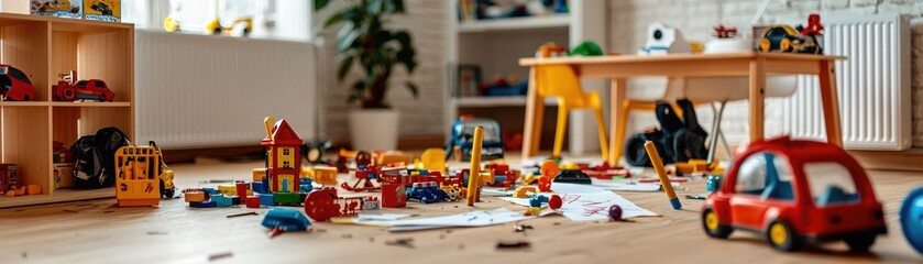 Fototapeta premium A colorful playroom filled with various toys scattered across the floor, showcasing a lively and imaginative environment for children.