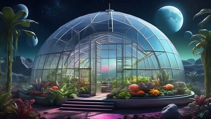 A futuristic greenhouse, a beacon of life on a desolate alien planet. Its vibrant plants thrive under the glow of multiple moons, contrasting with the barren, rocky landscape