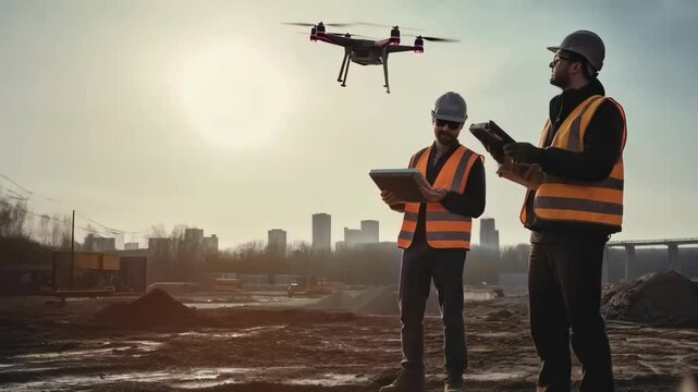 Construction engineers planning new work using drones for field inspection
