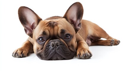 Obraz premium A charming French Bulldog is sprawled out on a bright white background, its distinctive bat-like ears and adorable face creating a fun scene