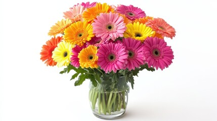 A charming vase filled with a colorful bouquet of flowers rests against a clean white background.