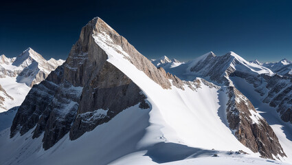 Imposing snowy mountain summit against deep blue sky backdrop