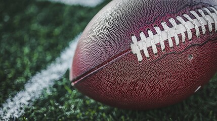 Fototapeta premium Football closeup with stitching on green turf no text