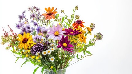 A charming vase filled with seasonal flowers is set against a bright white background, showcasing the beauty of nature.