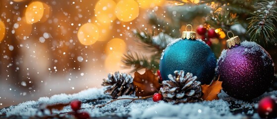 A festive scene featuring colorful ornaments, pinecones, and snow, illuminated by warm holiday lights in a wintry atmosphere.
