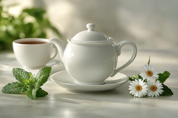 Tranquil tea setting with fresh mint, daisies, and a white teapot in a serene environment