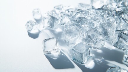 A cluster of ice cubes, perfectly clear, lies scattered on a clean white surface.