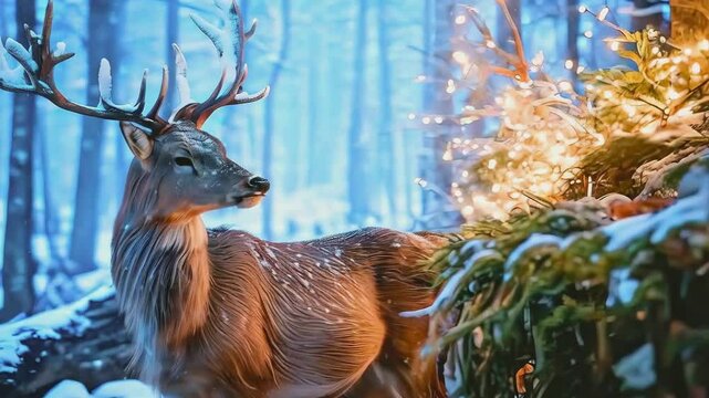 Beautiful Christmas deer in a snowy forest, symbol of the New Year.