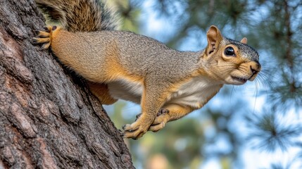 Obraz premium A squirrel perched on a tree trunk, looking up with a curious expression.