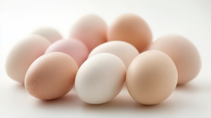 A collection of chicken eggs is gently arranged on a white background.