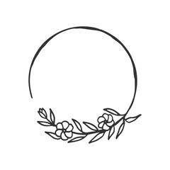 Black round line with flower branch and leaf drawing frame logo.