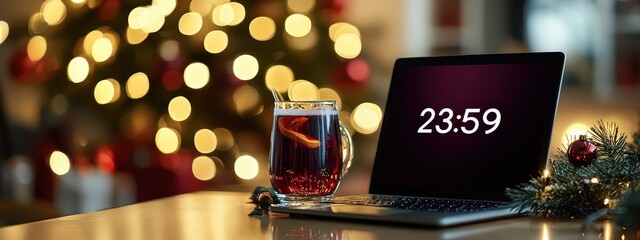 laptop on the table in the office glasses of champagne Christmas tree 2025. Selective focus