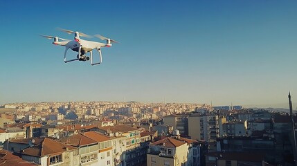 Fototapeta premium Drone in action, aerial view of city, drone camera technology, blue sky.