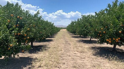 Scenic orange orchard under blue sky