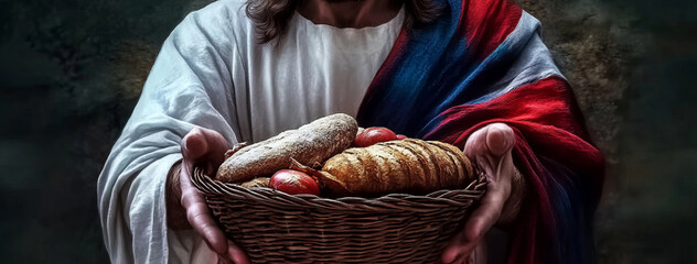 closeup, hands holding basket with bread	
