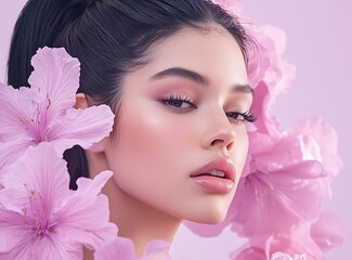 beautiful woman with straight black hair in ponytail, pink lips and magnolia flowers on light background, beauty portrait shoot