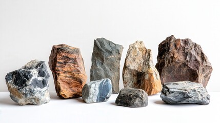 Naklejka premium A collection of rugged rocks, varying in size and form, is displayed on a white background.