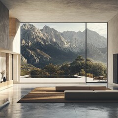 Fototapeta premium Minimalist living room with mountain view.