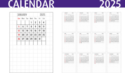 Calendar A6 format for 2025 with grid