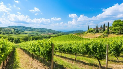 Fototapeta premium Sunny Vineyard Landscape with Lush Green Rows