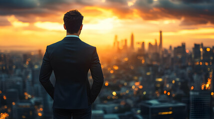Fototapeta premium Silhouette of a Man in a Suit Looking Over a Cityscape at Sunset