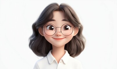 Smiling cartoon girl with glasses.
