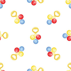 Seamless pattern with colorful baby rattle toy on white background