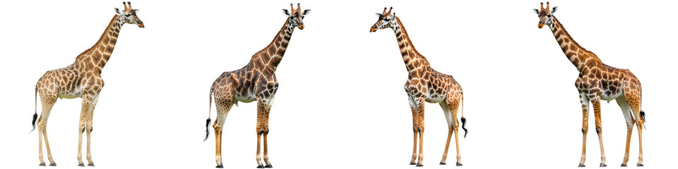 Naklejka premium Majestic herd of tall long necked spotted African giraffes grazing peacefully in a lush grassy savanna landscape under a blue sky